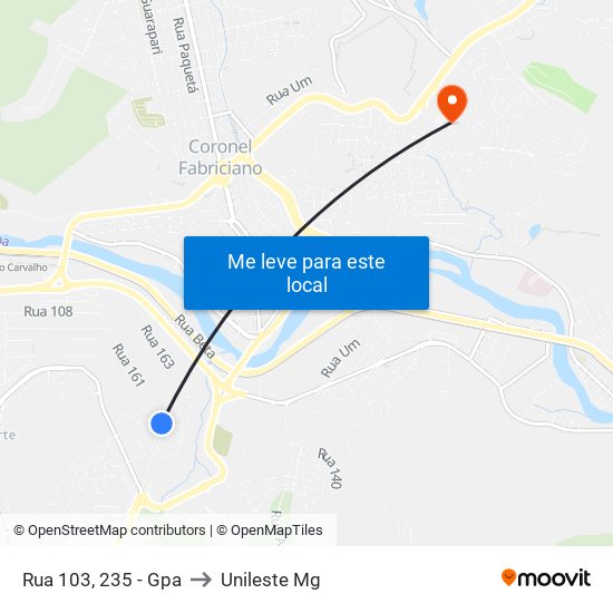Rua 103, 235 - Gpa to Unileste Mg map