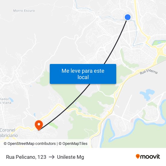 Rua Pelicano, 123 to Unileste Mg map