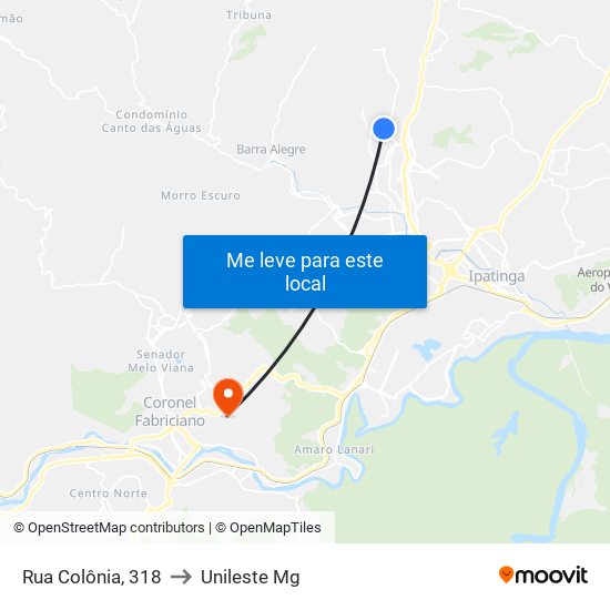 Rua Colônia, 318 to Unileste Mg map