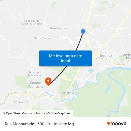 Rua Manhumirim, 600 to Unileste Mg map