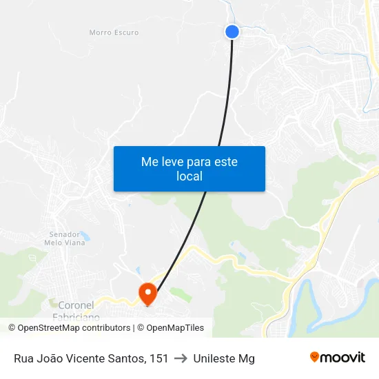 Rua João Vicente Santos, 151 to Unileste Mg map