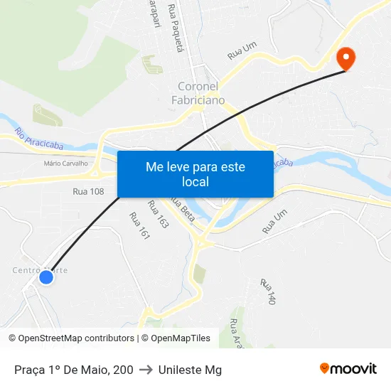 Praça 1º De Maio, 200 to Unileste Mg map