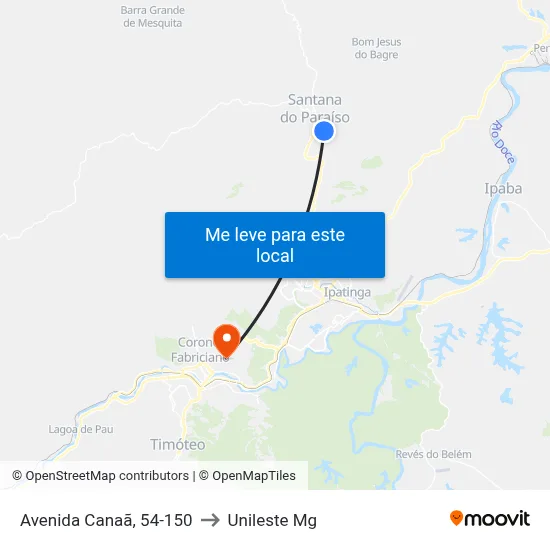 Avenida Canaã, 54-150 to Unileste Mg map