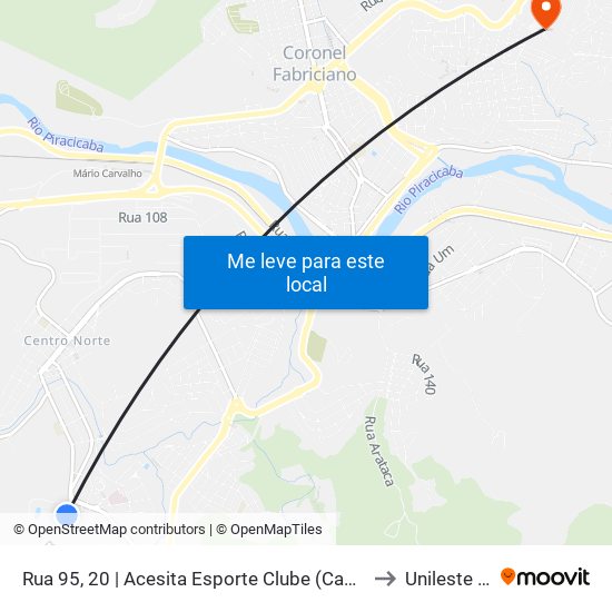 Rua 95, 20 | Acesita Esporte Clube (Campestre) to Unileste Mg map