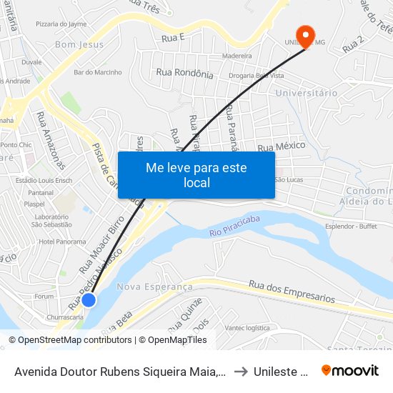 Avenida Doutor Rubens Siqueira Maia, 90 to Unileste Mg map