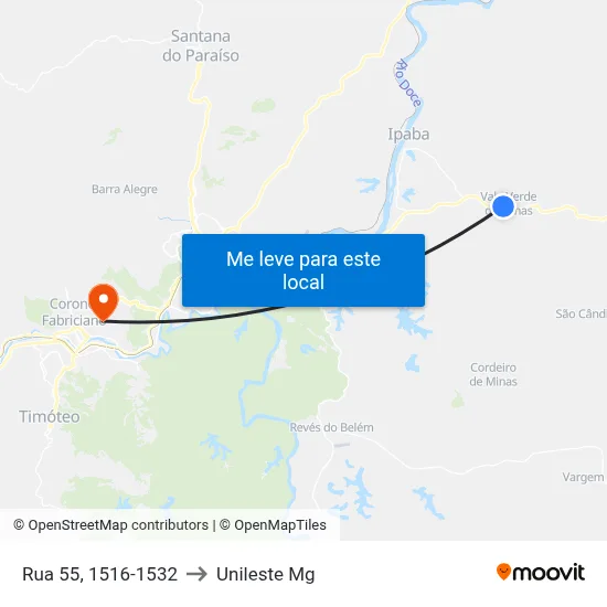 Rua 55, 1516-1532 to Unileste Mg map