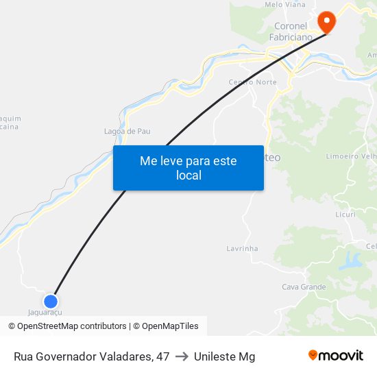 Rua Governador Valadares, 47 to Unileste Mg map