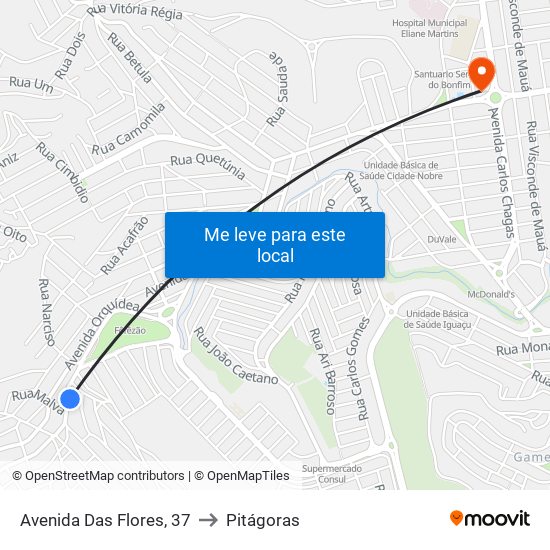 Avenida Das Flores, 37 to Pitágoras map