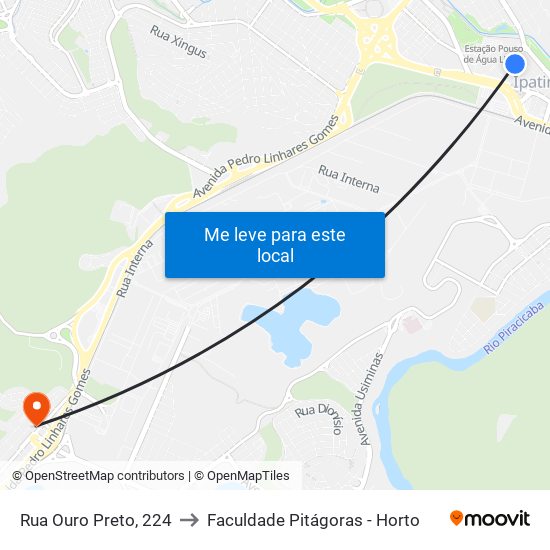 Rua Ouro Preto, 224 to Faculdade Pitágoras - Horto map