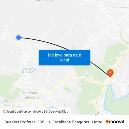 Rua Dos Profetas, 335 to Faculdade Pitágoras - Horto map