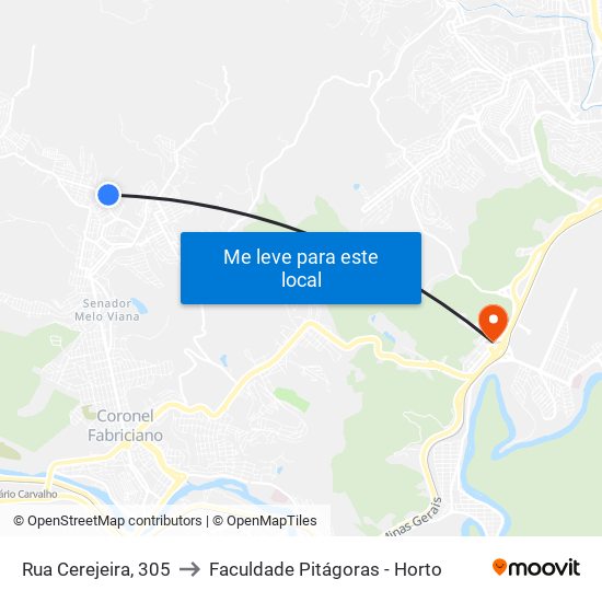 Rua Cerejeira, 305 to Faculdade Pitágoras - Horto map