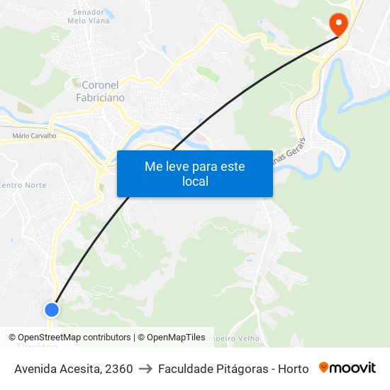 Avenida Acesita, 2360 to Faculdade Pitágoras - Horto map