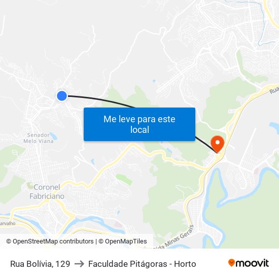 Rua Bolívia, 129 to Faculdade Pitágoras - Horto map