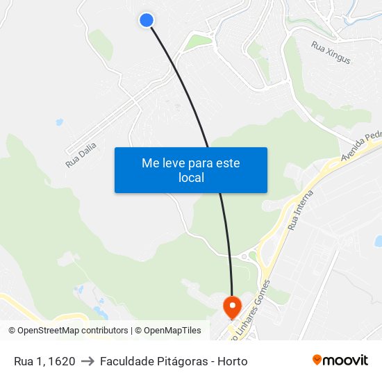 Rua 1, 1620 to Faculdade Pitágoras - Horto map