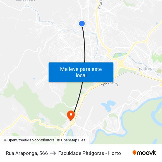 Rua Araponga, 566 to Faculdade Pitágoras - Horto map