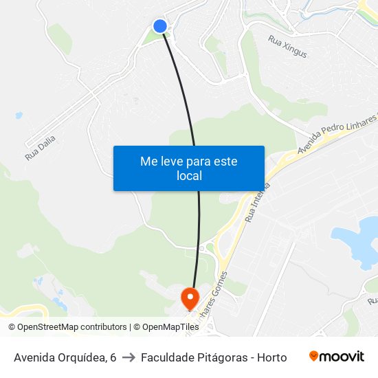 Avenida Orquídea, 6 to Faculdade Pitágoras - Horto map