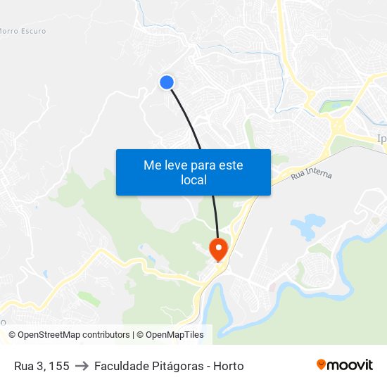 Rua 3, 155 to Faculdade Pitágoras - Horto map