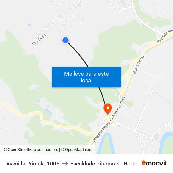 Avenida Primula, 1005 to Faculdade Pitágoras - Horto map