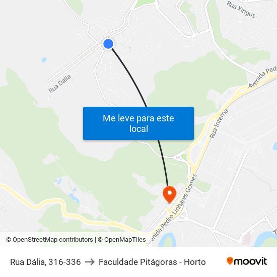 Rua Dália, 316-336 to Faculdade Pitágoras - Horto map