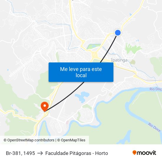 Br-381, 1495 to Faculdade Pitágoras - Horto map