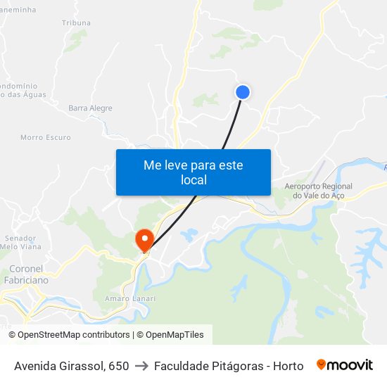 Avenida Girassol, 650 to Faculdade Pitágoras - Horto map