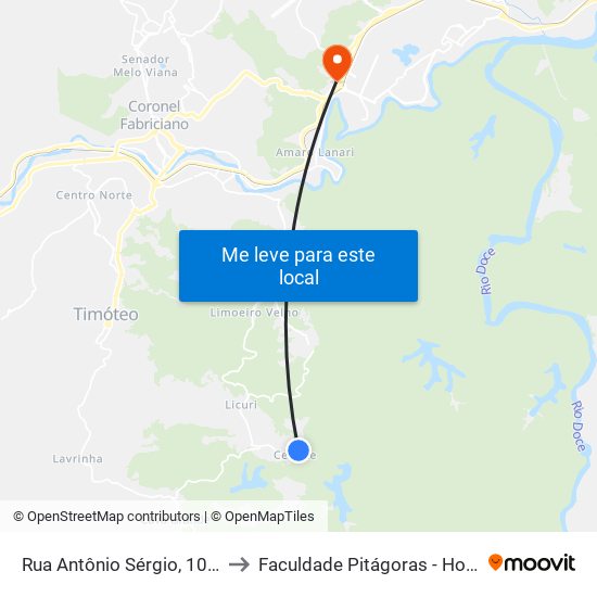 Rua Antônio Sérgio, 1085 to Faculdade Pitágoras - Horto map