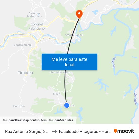 Rua Antônio Sérgio, 355 to Faculdade Pitágoras - Horto map