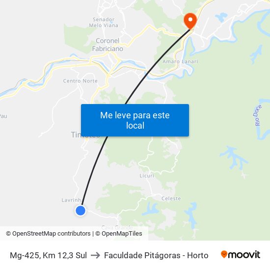 Mg-425, Km 12,3 Sul to Faculdade Pitágoras - Horto map