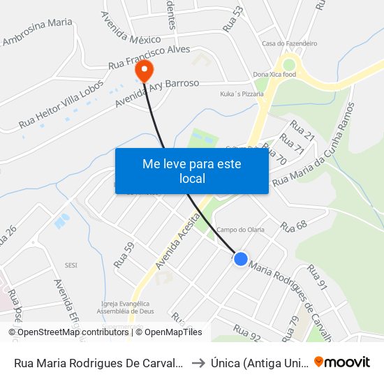 Rua Maria Rodrigues De Carvalho, 500 to Única (Antiga Unipac) map