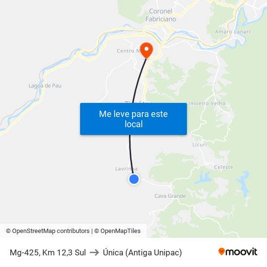 Mg-425, Km 12,3 Sul to Única (Antiga Unipac) map