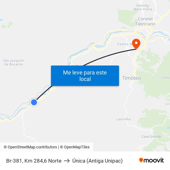 Br-381, Km 284,6 Norte to Única (Antiga Unipac) map