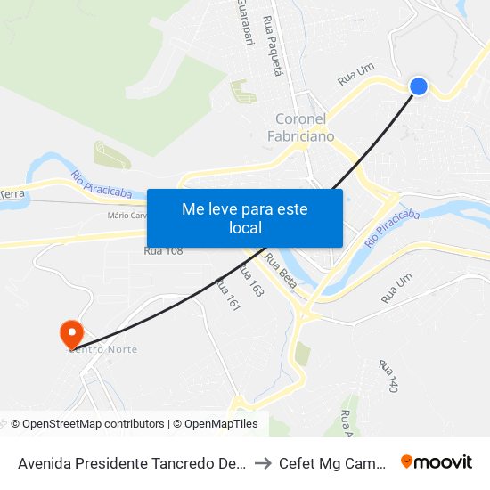 Avenida Presidente Tancredo De Almeida Neves, 2800 to Cefet Mg Campus Timóteo map