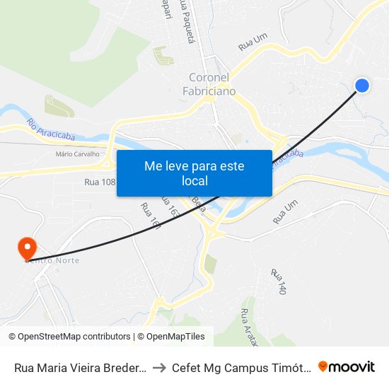 Rua Maria Vieira Breder, 5 to Cefet Mg Campus Timóteo map