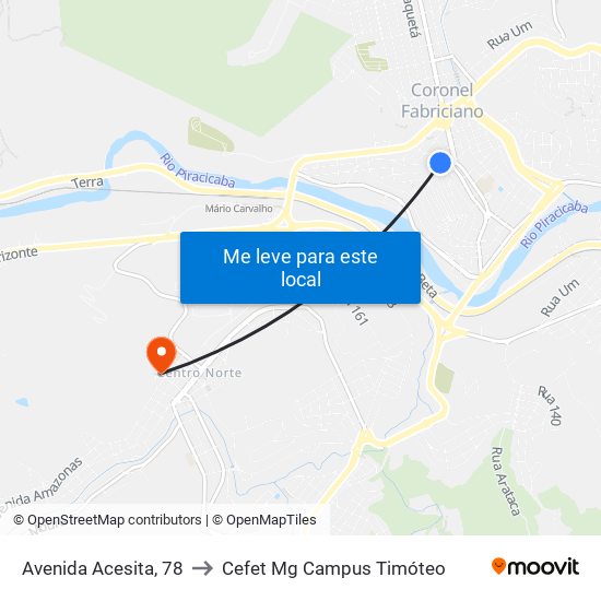 Avenida Acesita, 78 to Cefet Mg Campus Timóteo map