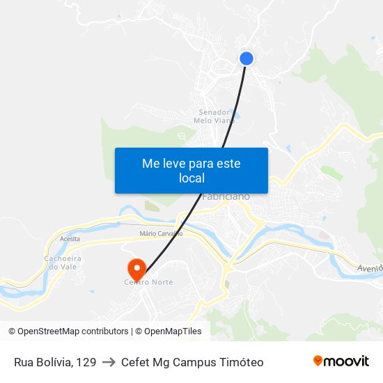 Rua Bolívia, 129 to Cefet Mg Campus Timóteo map