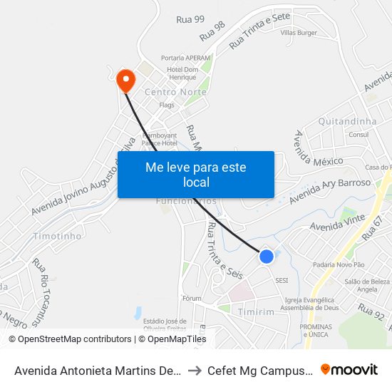 Avenida Antonieta Martins De Carvalho, 24 to Cefet Mg Campus Timóteo map