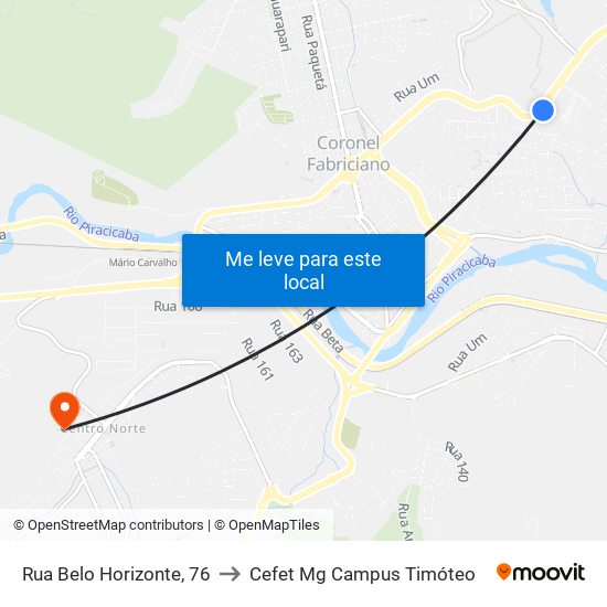 Rua Belo Horizonte, 76 to Cefet Mg Campus Timóteo map