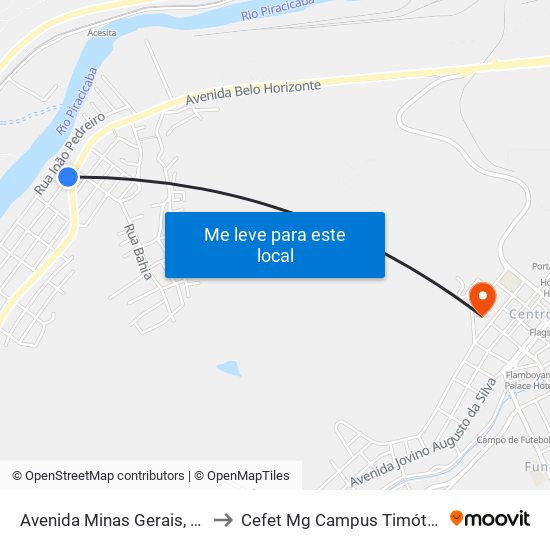 Avenida Minas Gerais, 14 to Cefet Mg Campus Timóteo map