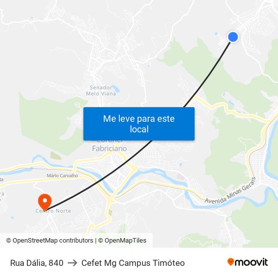 Rua Dália, 840 to Cefet Mg Campus Timóteo map