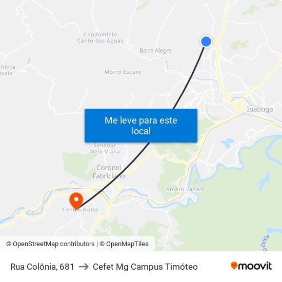 Rua Colônia, 681 to Cefet Mg Campus Timóteo map