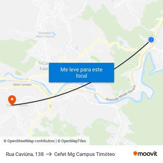 Rua Caviúna, 138 to Cefet Mg Campus Timóteo map