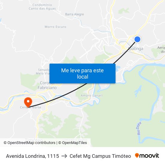 Avenida Londrina, 1115 to Cefet Mg Campus Timóteo map
