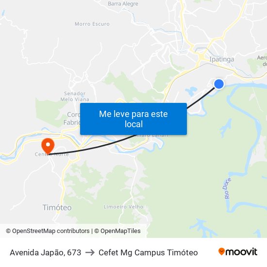 Avenida Japão, 673 to Cefet Mg Campus Timóteo map