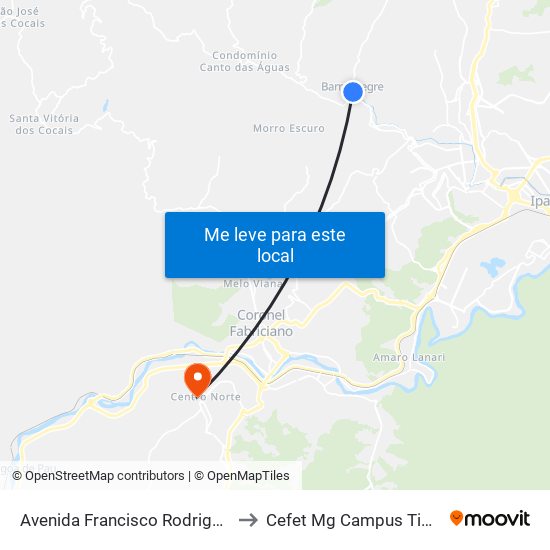 Avenida Francisco Rodrigues, 95 to Cefet Mg Campus Timóteo map