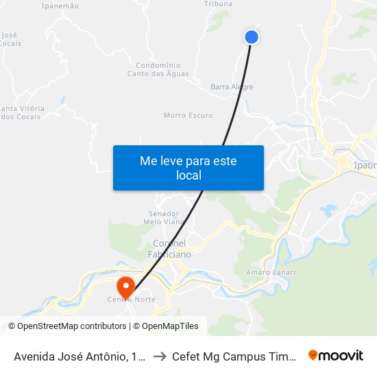Avenida José Antônio, 1480 to Cefet Mg Campus Timóteo map