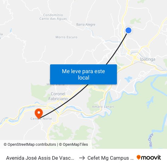 Avenida José Assis De Vasconcelos, 619 to Cefet Mg Campus Timóteo map