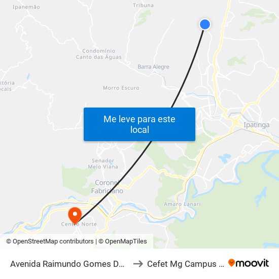 Avenida Raimundo Gomes Dos Reis, 2045 to Cefet Mg Campus Timóteo map