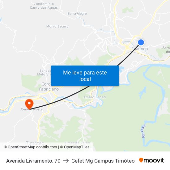 Avenida Livramento, 70 to Cefet Mg Campus Timóteo map