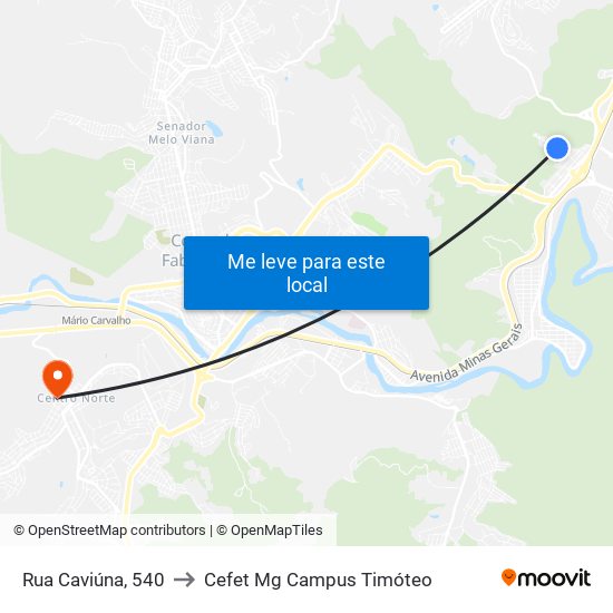 Rua Caviúna, 540 to Cefet Mg Campus Timóteo map