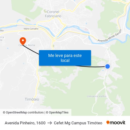 Avenida Pinheiro, 1600 to Cefet Mg Campus Timóteo map